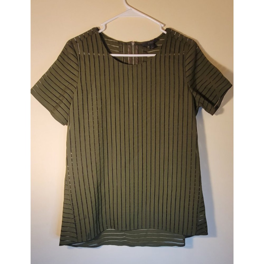 J. Crew Women's Olive Green Back Zipper Shadow Stripe Short Sleeve Top Size 4